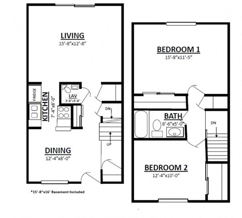 Floor plan for 2 beds, 1.5 baths, 940 sqft